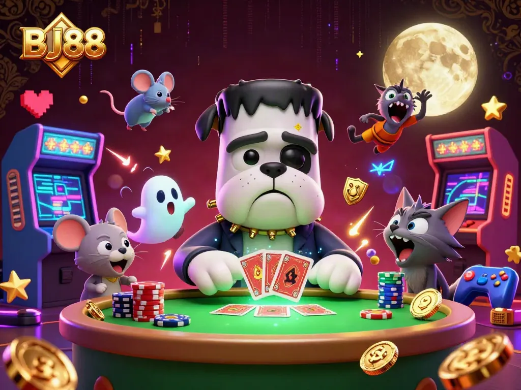 BJ88 Casino's colorful 3D cartoon scene shows characters playing cards with excitement.