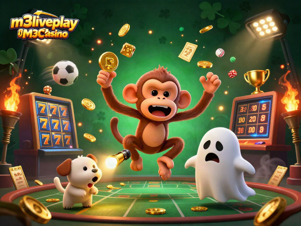 Engage with m3liveplay official M3 Casino as the mischievous poltergeist monkey juggles golden winnings amidst a haunted atmosphere.