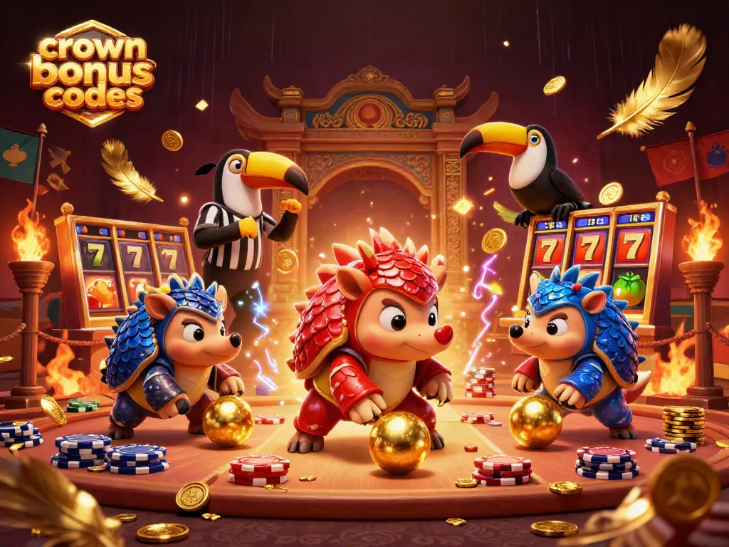 Engage with crown coins bonus codes in a vibrant, dynamic casino scene featuring playful pangolins.