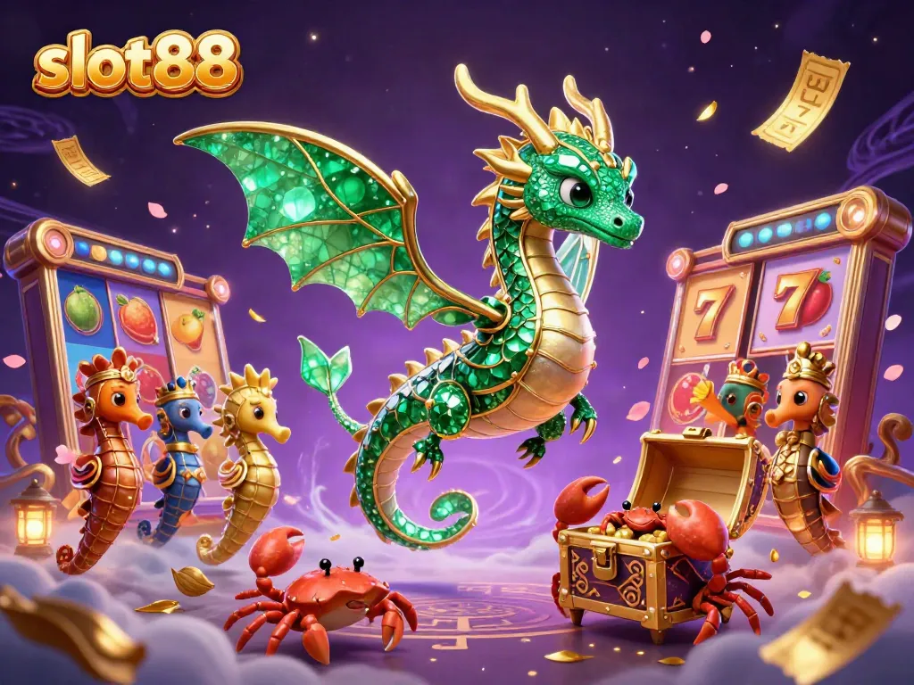 Experience exciting wins with slot88 featuring a vibrant sea dragon amidst dynamic casino elements.