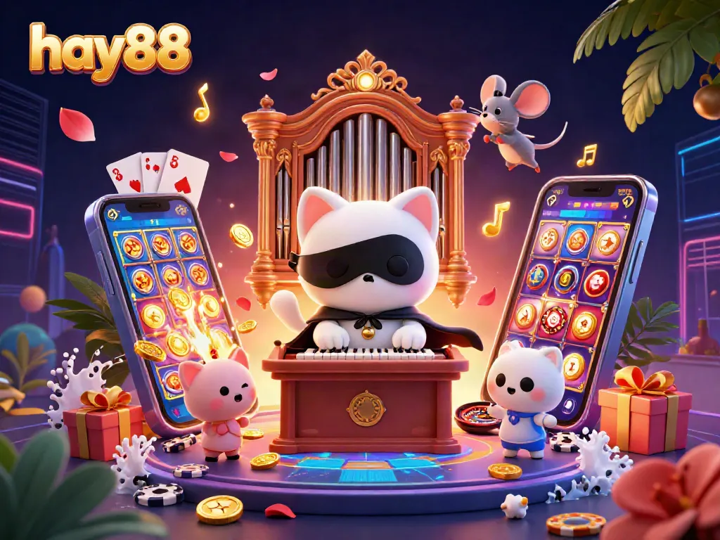 Experience the excitement of hay88 with a vibrant 3D casino scene packed with games and characters, perfect for gamblers.