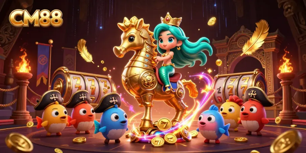 Play CM88 and enjoy vibrant casino action with a colorful 3D princess and seahorse.