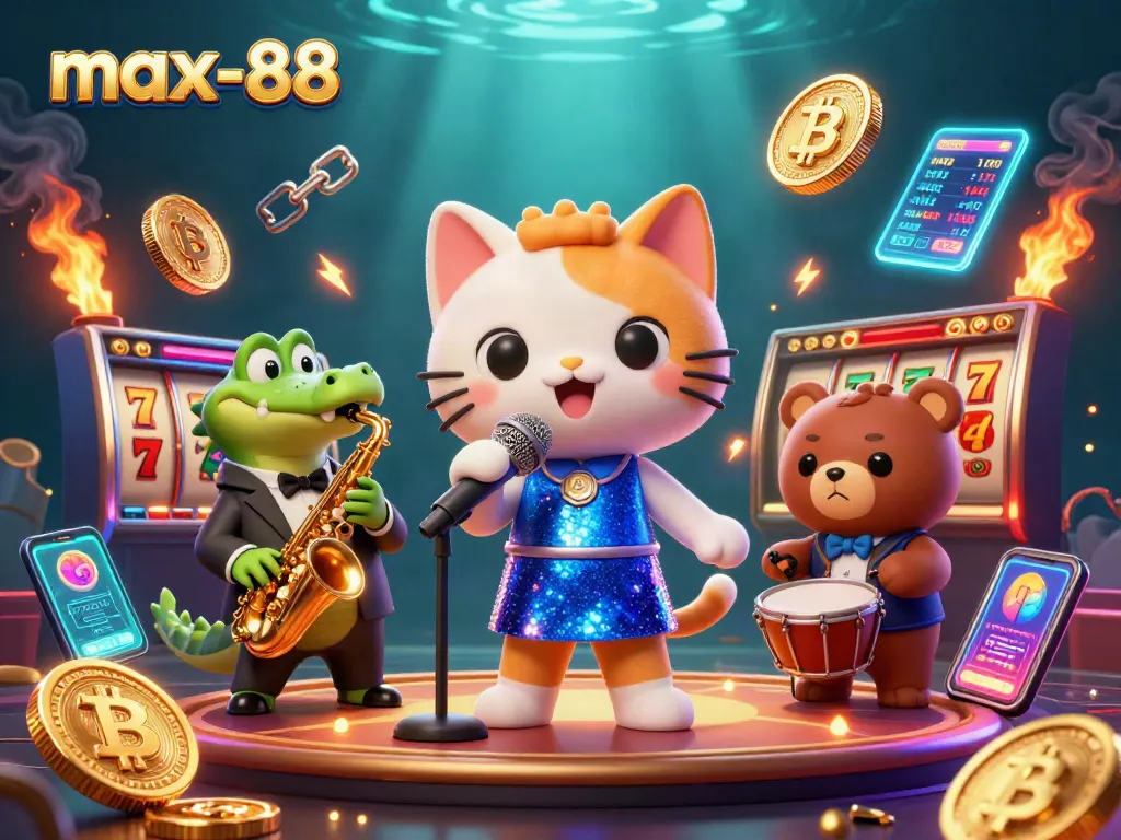 Experience the excitement at max-88 casino with vibrant characters and glowing slot machines.