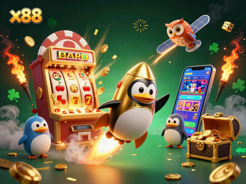 x88 gaming illustration featuring a golden penguin and casino elements, depicting exciting slot machine gameplay.