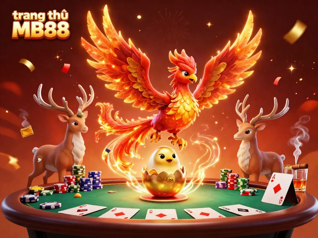 Experience the excitement at trang chủ MB88 with vibrant casino visuals showcasing a fiery phoenix and charming baby.