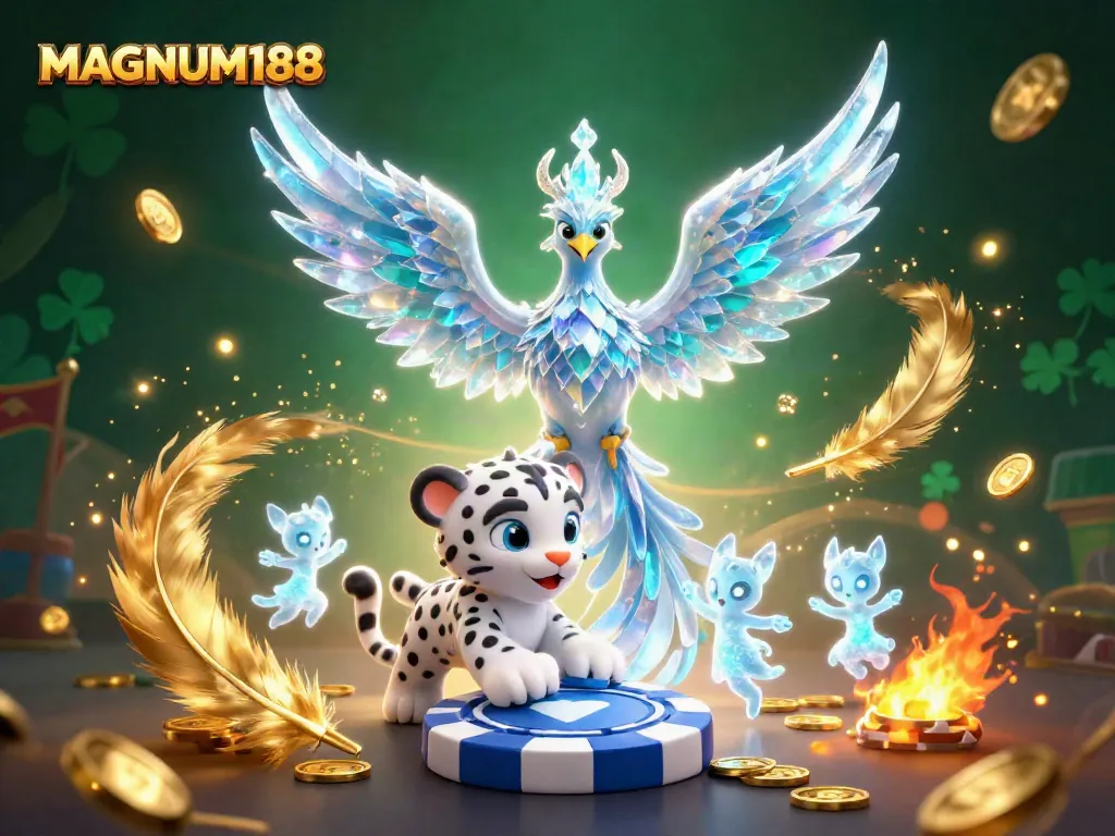 Win big at MAGNUM188 with captivating ice-themed casino illustration featuring a phoenix and poker chip.