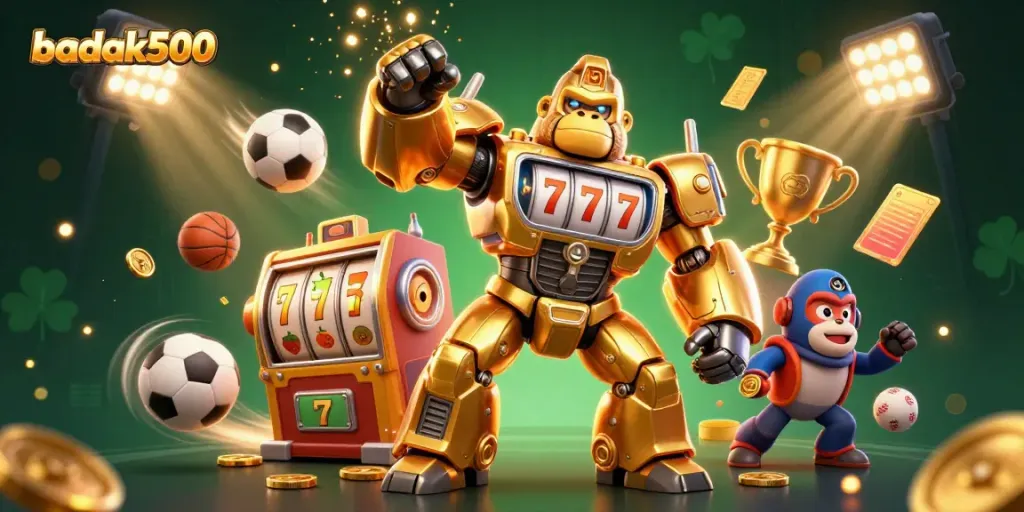 Menggambarkan karakter utama badak500 beraksi dengan simbol slot dan koin terbang dalam latar kasino yang dinamis.