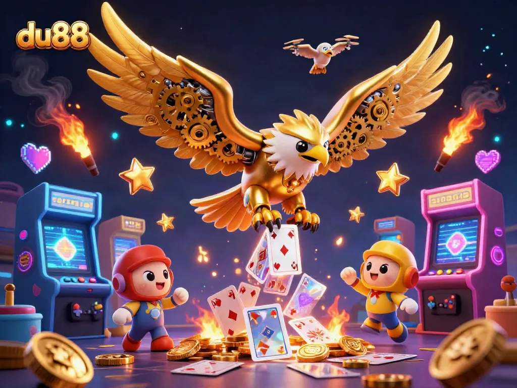 Experience the excitement of du88 with a vibrant 3D illustration of a cybernetic eagle and neon casino elements.