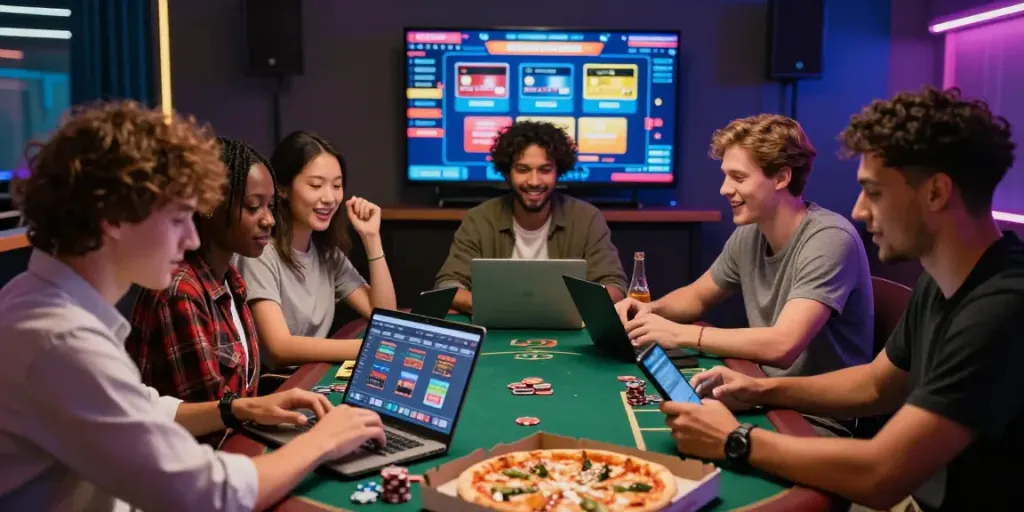 Exciting group of friends enjoying credit card casinos night with laptops and snacks.