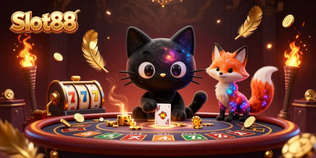 Engage with Slot88's vibrant cosmic casino scene, featuring a captivating black hole cat and nebula fox.