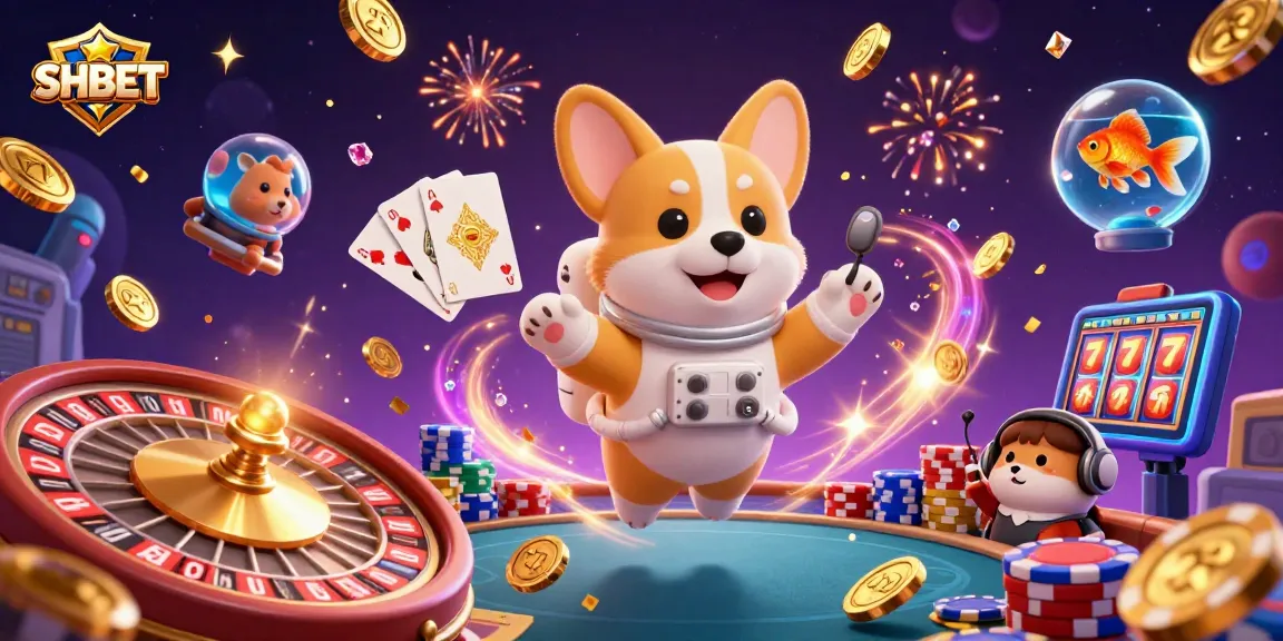 Experience SHBET's unique gaming world with a dynamic online casino scene featuring playful characters and exciting game elements.