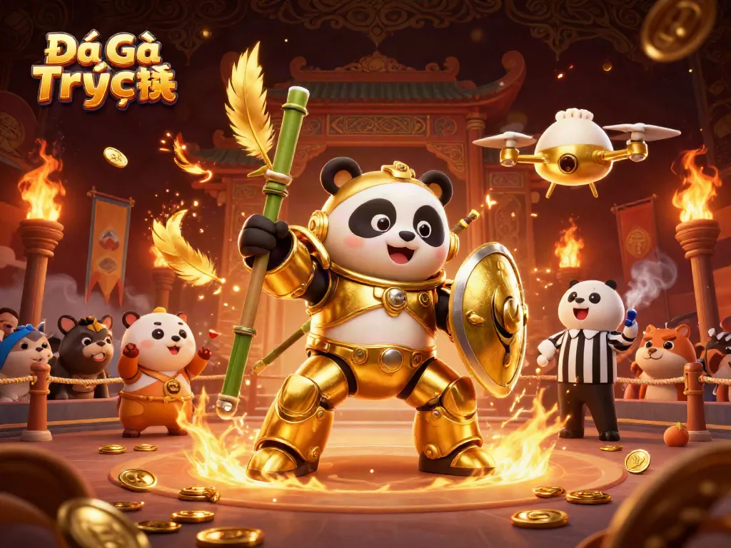 Engage in Đá Gà Trực Tiếp action with a mech-suit panda and dynamic arena elements.