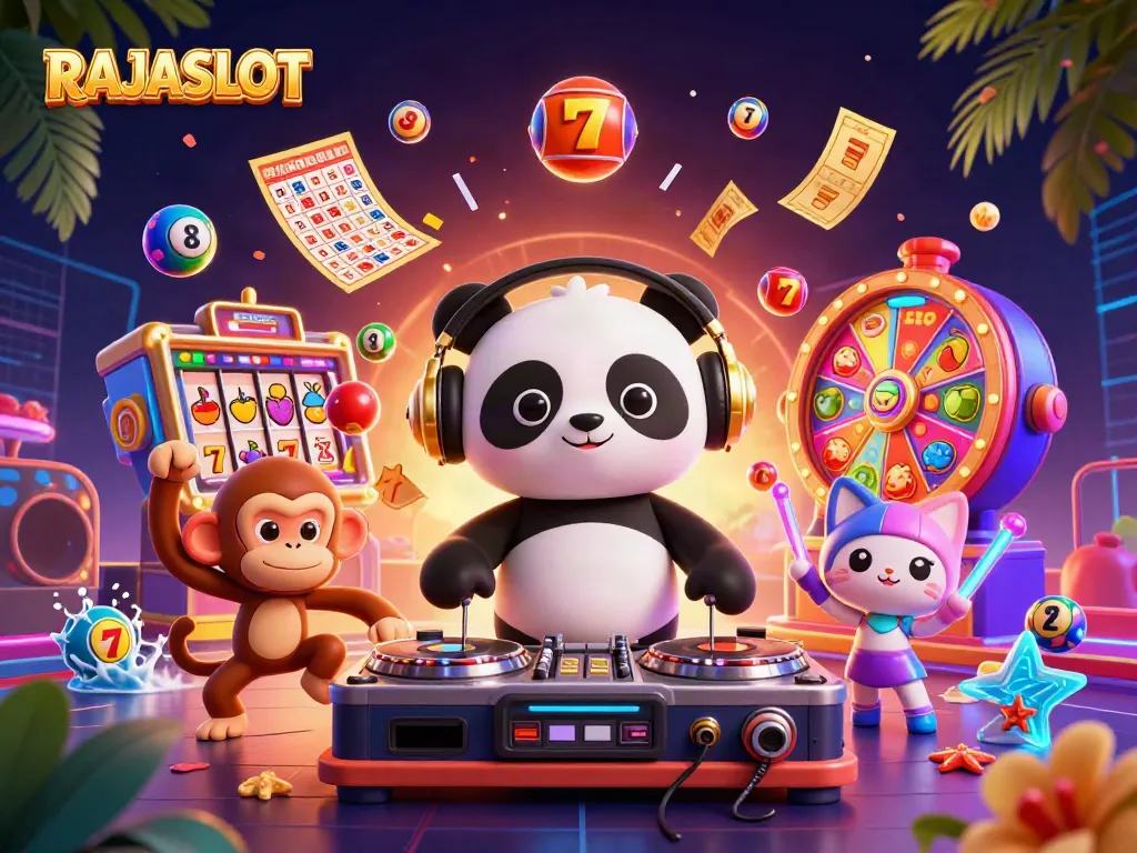 RAJASLOT menawarkan pengalaman bermain slot yang mengasyikkan dengan DJ panda dan karakter lainnya.