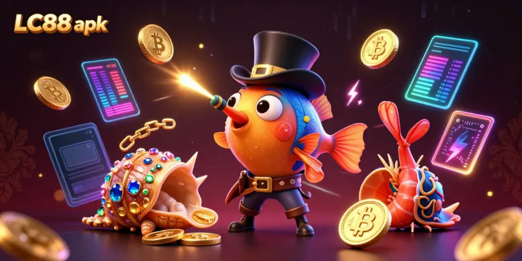 Engage with LC88 apk’s vibrant and dynamic underwater casino scene featuring golden coins and gaming elements.