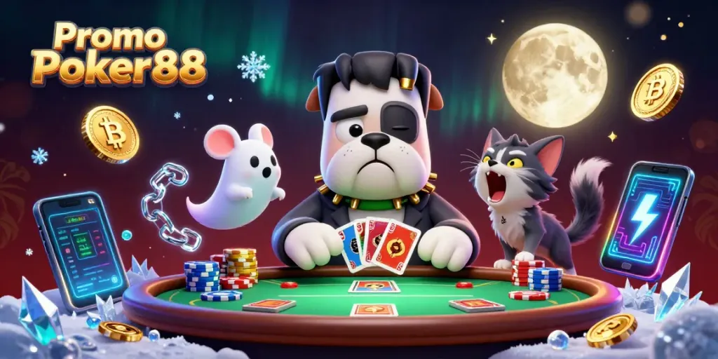 Experience thrilling gameplay with Promo Poker88 at a spooky poker table surrounded by vibrant characters.