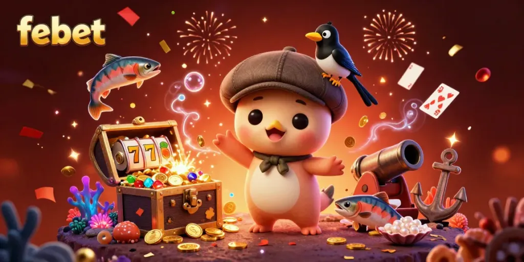 Engage with febet's thrilling online casino adventure featuring cartoon Nessie and playful gems.