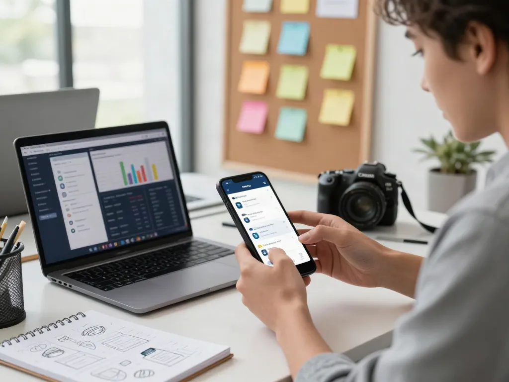 Pengguna aplikasi NATUNATOTO di https://mainlandhotelgh.com/ dengan smartphone dan laptop, menciptakan lingkungan kerja dinamis.