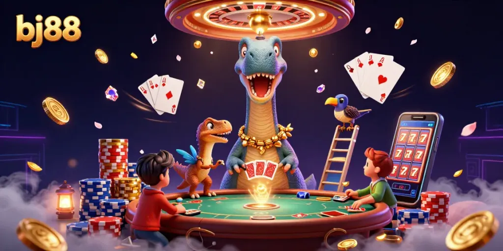 Experience the excitement at bj88, featuring a unique casino scene with vibrant characters and rich game elements.