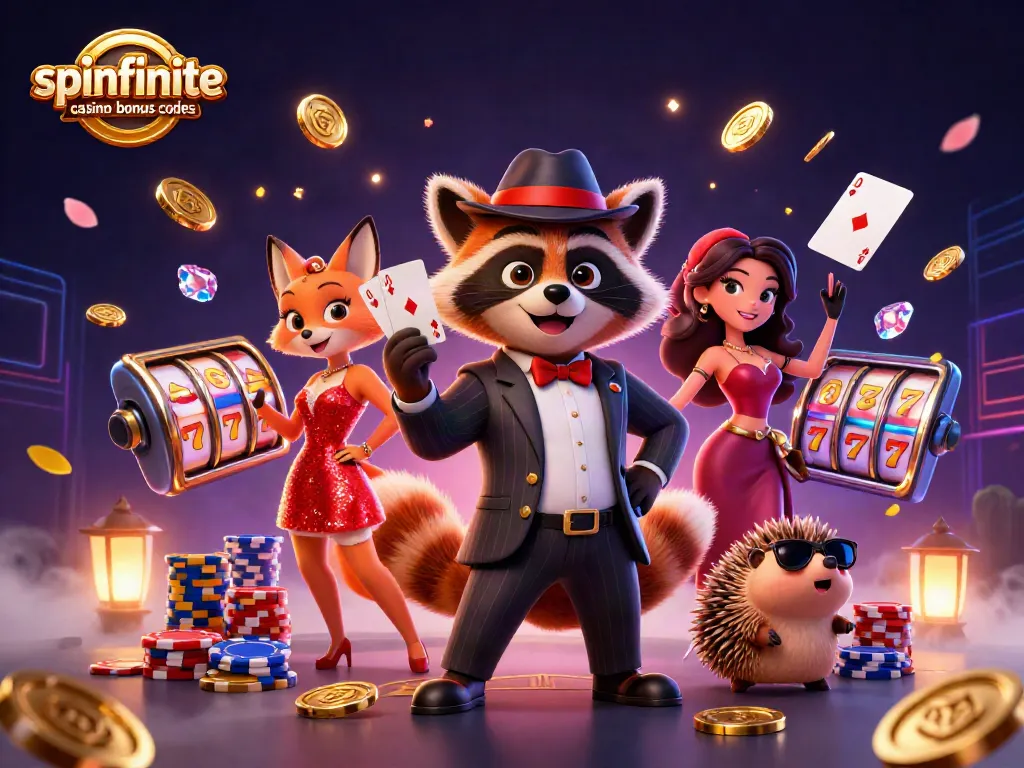 Spinfinite casino bonus codes featured in a vibrant 3D illustration of a suave raccoon, fox lady, and hedgehog bouncer.