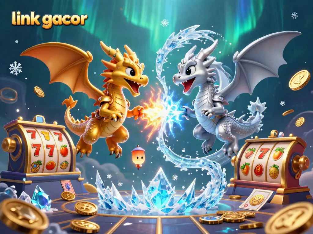 Experience the thrill of link gacor with mystical dragons and vibrant slot game elements in a captivating 3D scene.