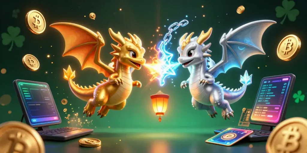 Experience action and excitement at Vavada with lively dragons amidst blockchain elements and slot visuals.
