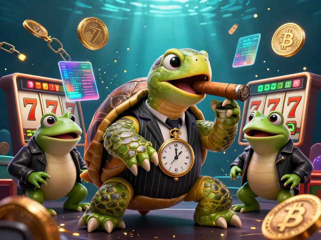 Experience thrilling gameplay with slot depo 5000 featuring a massive turtle in a mobster suit surrounded by dynamic casino elements.