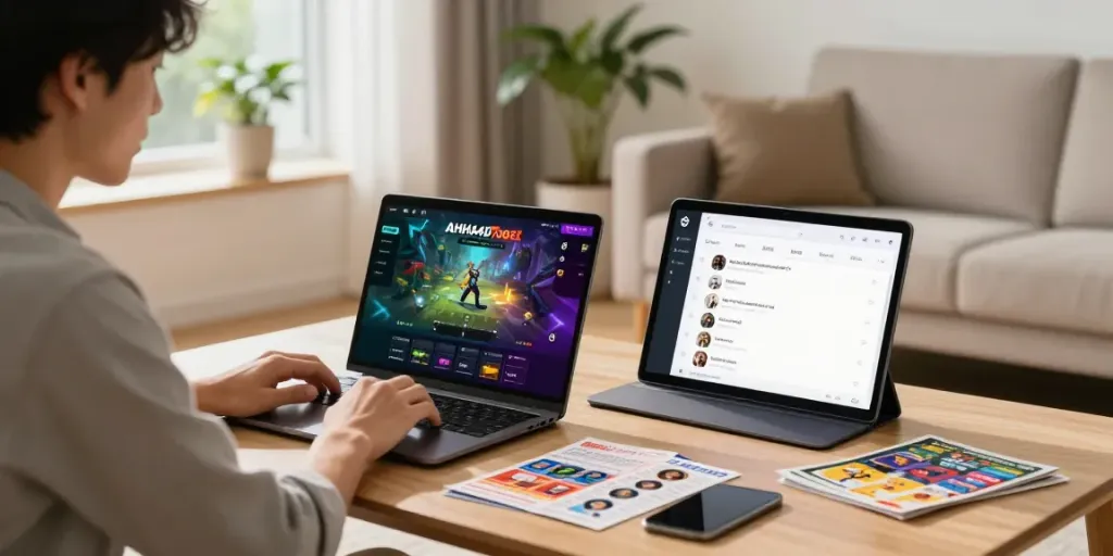 Engaging in online gaming on AHHA4D platform with friends in a modern living room.