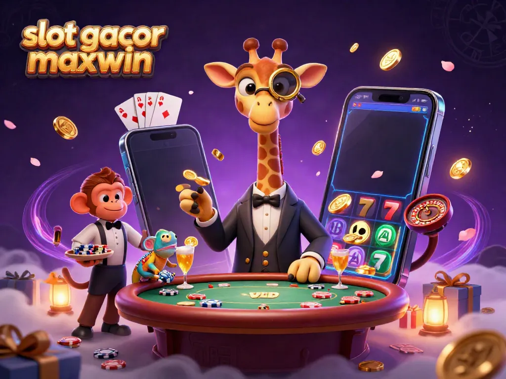 Experience the thrill of slot gacor maxwin with a giraffe, monkey, and chameleon in a vibrant casino scene.