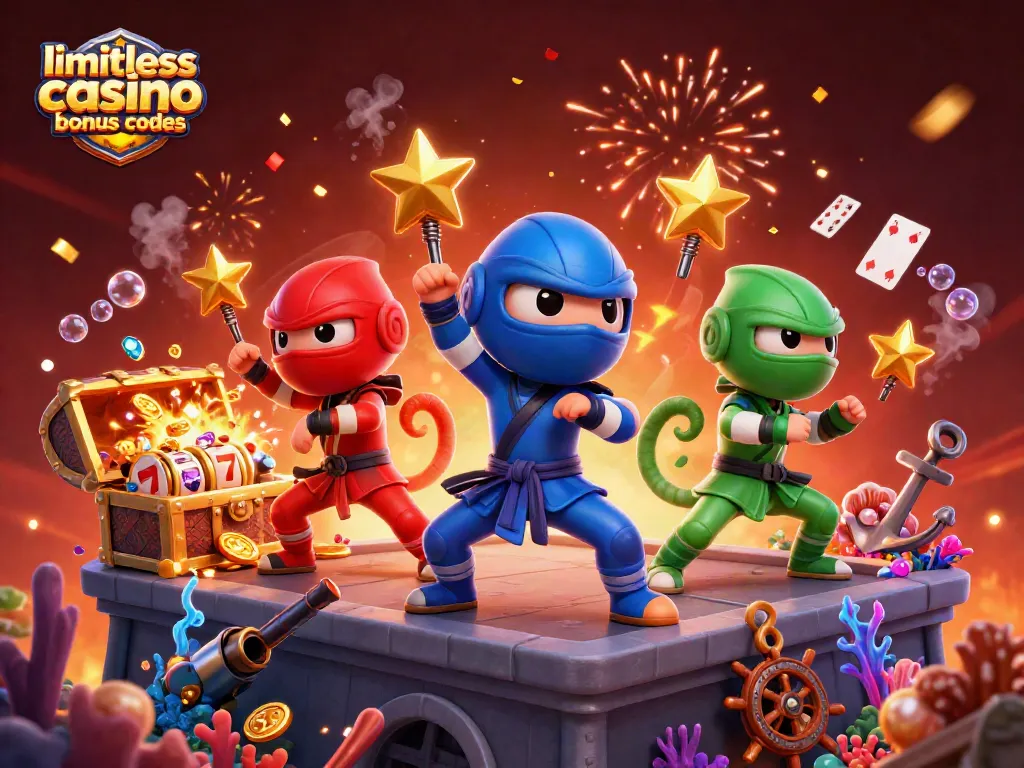 Engage with limitless casino bonus codes featuring ninja chameleons, exciting slot reels, and a treasure explosion.