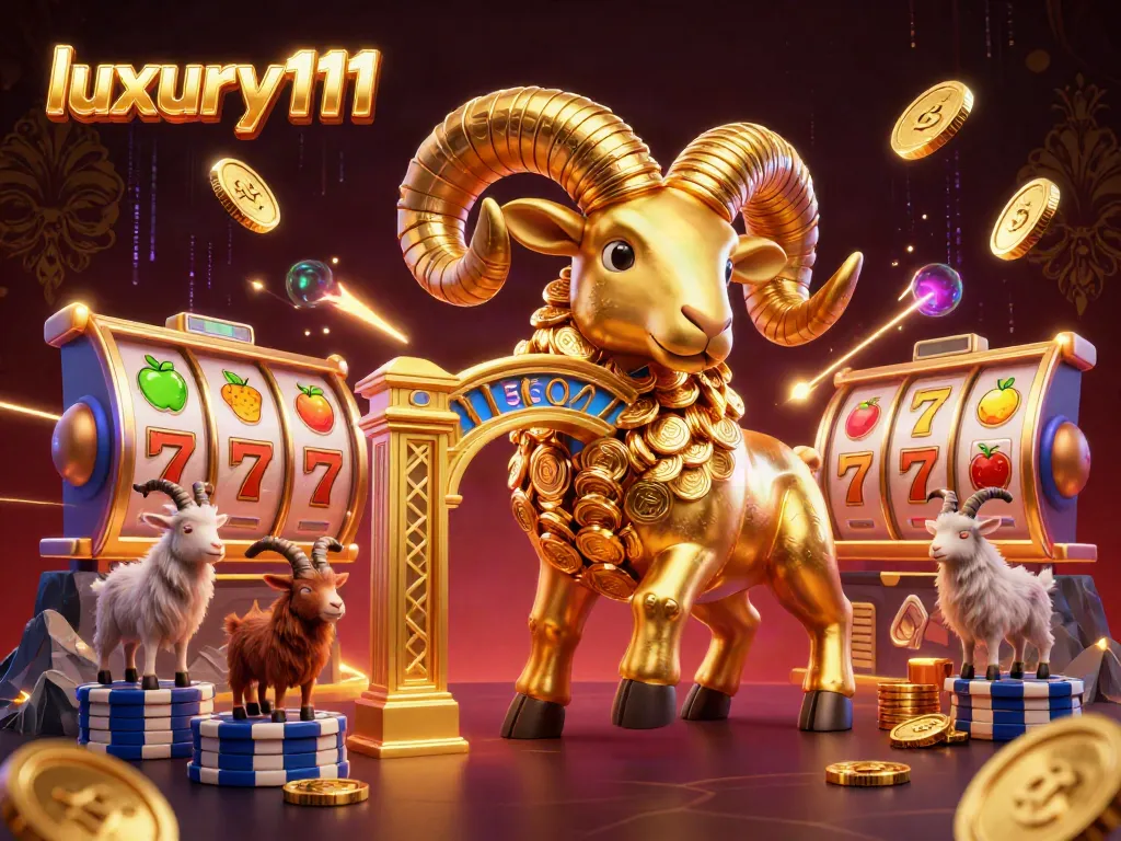 Experience thrilling wins at luxury111 with a golden ram charging through a dynamic casino scene.