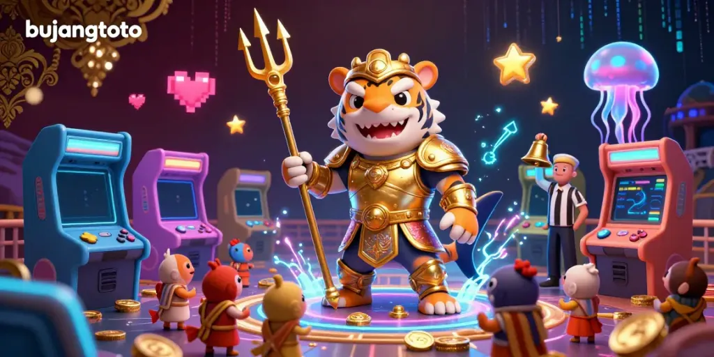 Bujangtoto showcases a vibrant underwater colosseum with a tiger shark in armor, highlighting gaming excitement.