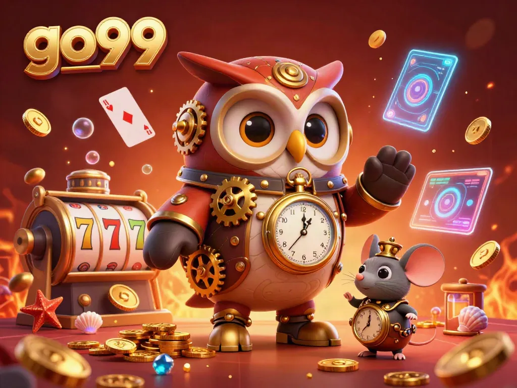 Experience the excitement of go99 with a vibrant 3D cartoon illustration showcasing steampunk characters and casino elements.
