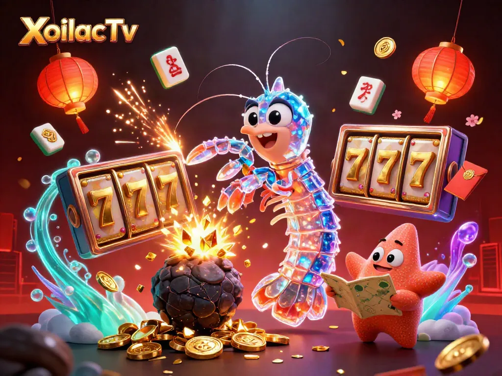 Experience immersive gaming with XoilacTv, featuring a 3D shrimp warrior in a dazzling casino scene.