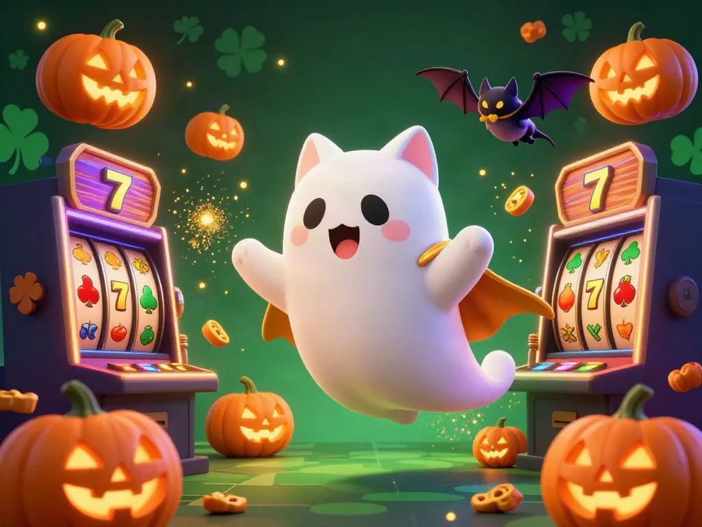 Spin the reels with mpopadi alternatif in a fun casino scene featuring a ghost cat and bat characters.
