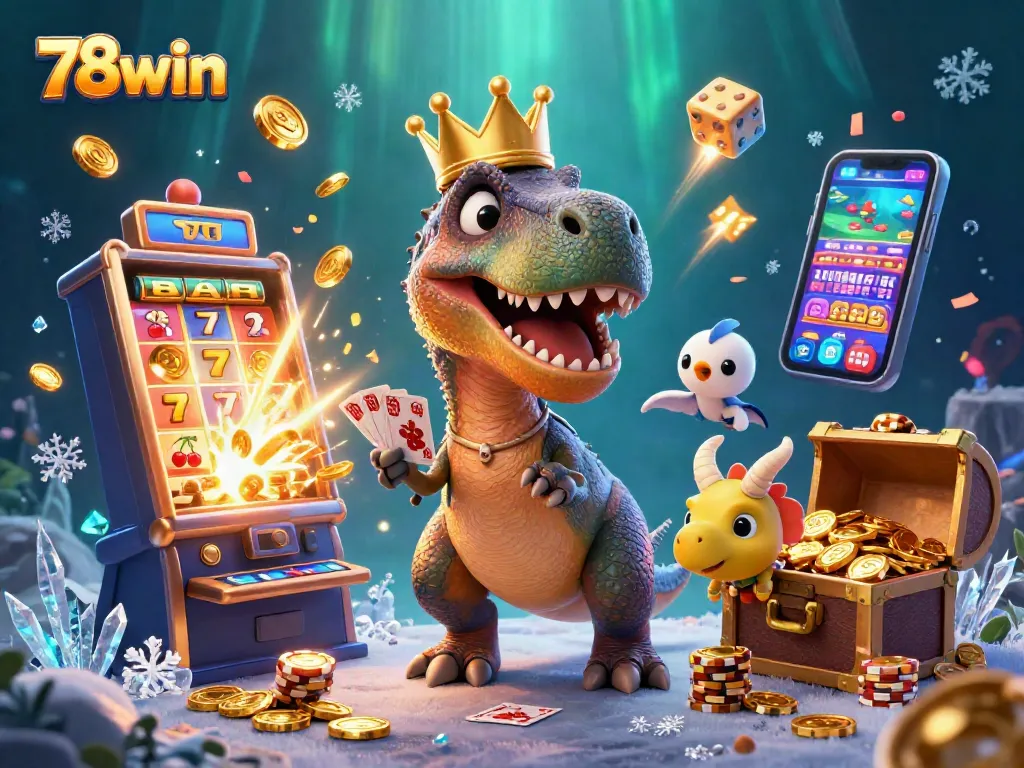 Experience the excitement of 78win with a vibrant scene of cartoon characters engaged in casino fun.
