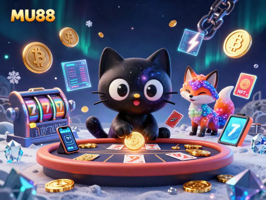 Engage with MU88's cosmic casino adventure featuring a black hole cat attracting golden chips and cards.