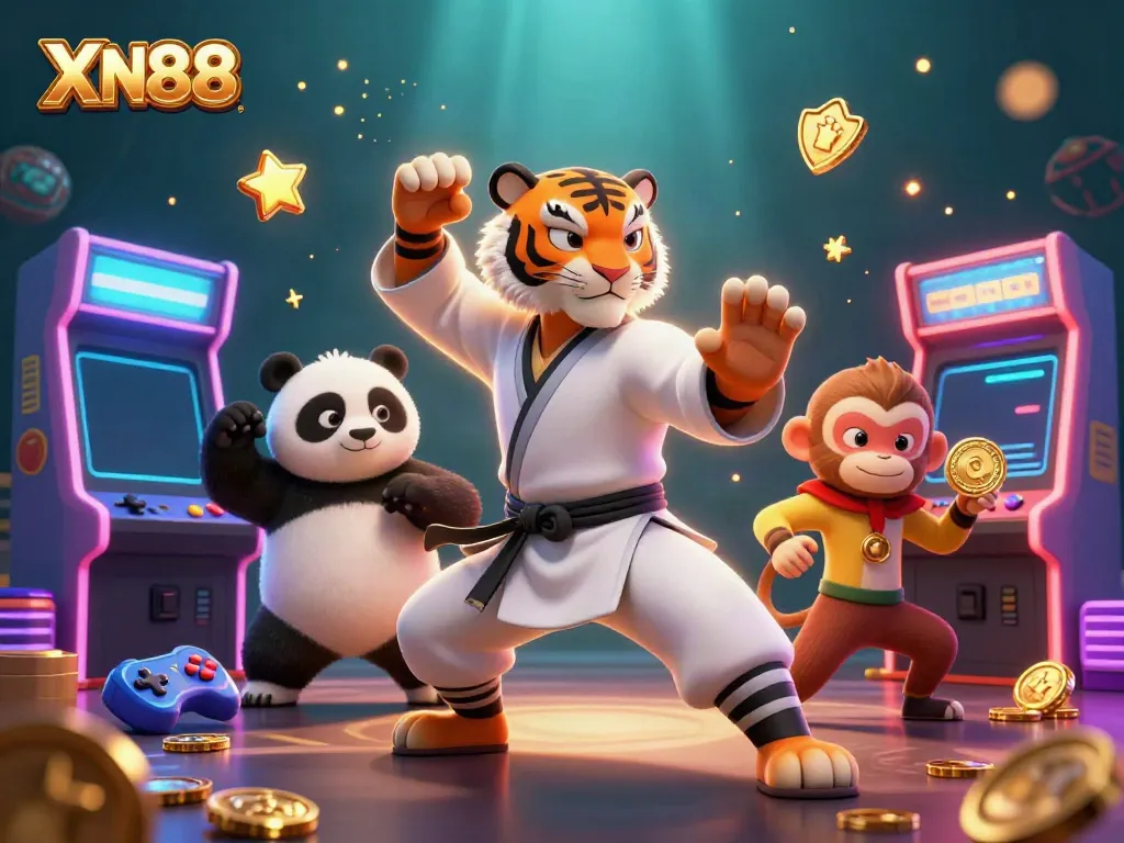 Experience XN88 with a 3D cartoon tiger master amidst vibrant gaming elements.