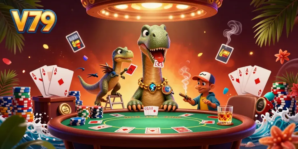 Experience V79 with a gigantic brontosaurus towering over a vibrant poker scene filled with action.