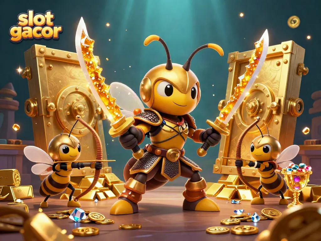 Engage with slot gacor through this vibrant 3D illustration showcasing a golden hornet in samurai armor amidst treasure and gaming elements.
