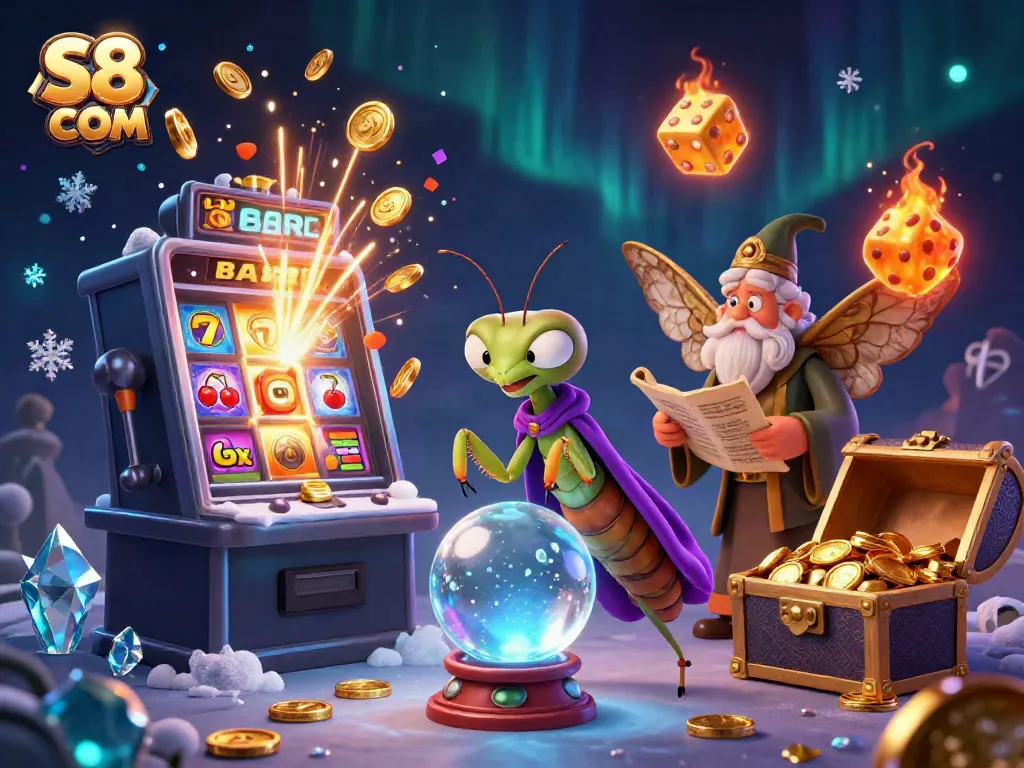 Experience the vibrant world of S8 COM with a 3D cartoon scene featuring a mythical fortune teller and dynamic casino elements.