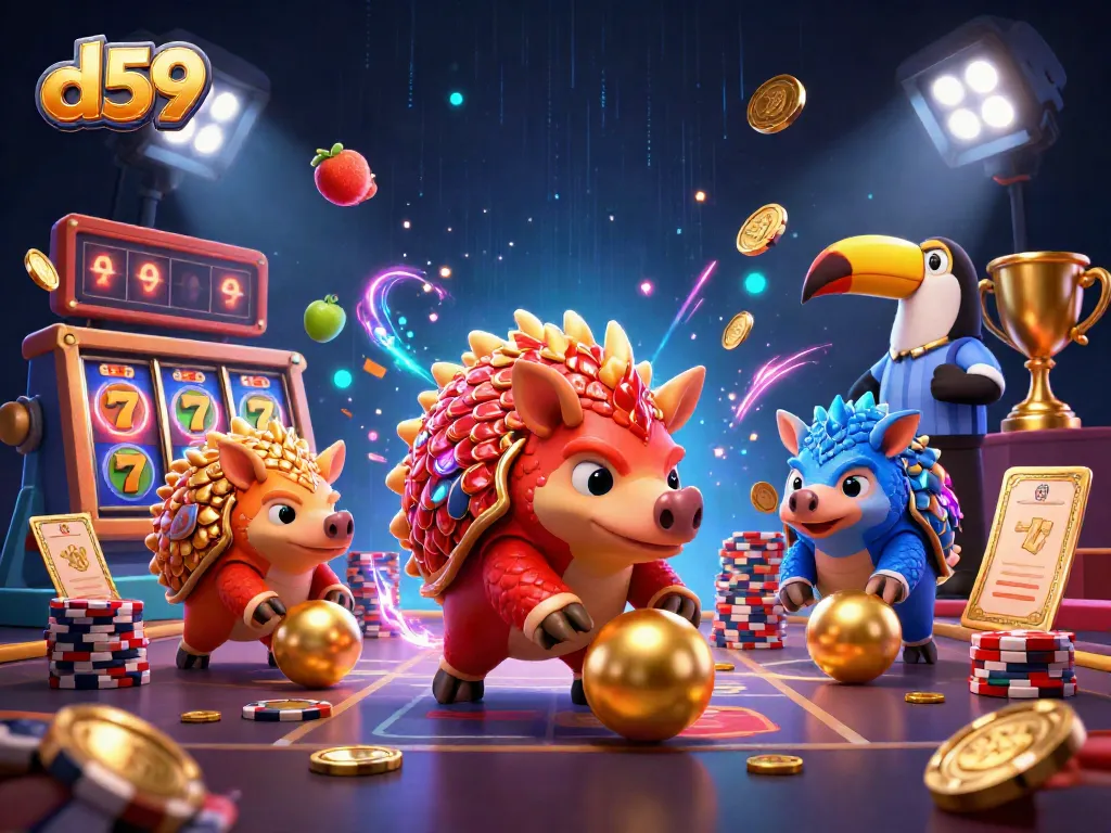 Engaging d59 slot gaming scene with pangolins, jackpot symbols, and dynamic elements.