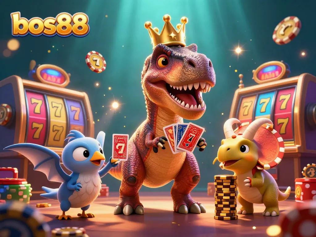 Play exciting slots at bos88 with a friendly T-Rex shuffling cards and a baby triceratops stacking chips in a vibrant casino.