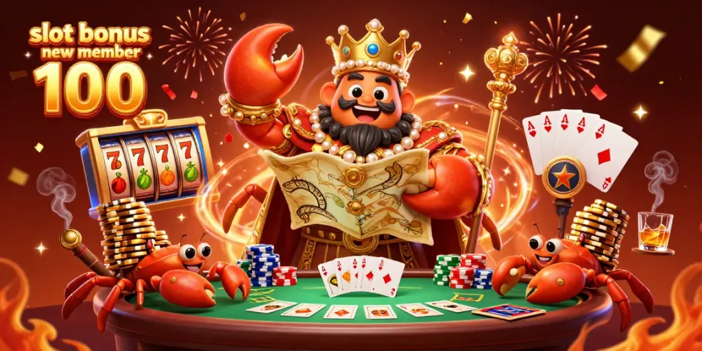 Engage with slot bonus new member 100 in a vibrant casino scene featuring a golden crab emperor.