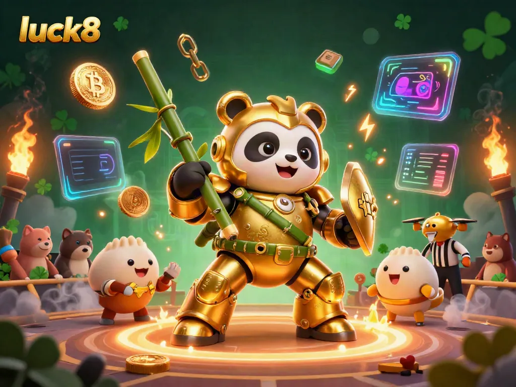 Experience excitement with luck8 as a golden panda pilots a bamboo robot amidst vibrant casino elements.