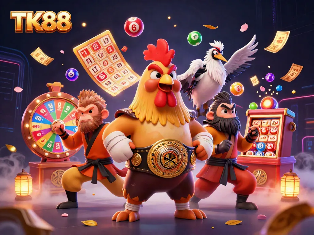 Increase your chances with TK88 in this vibrant casino illustration showcasing dynamic gaming elements.