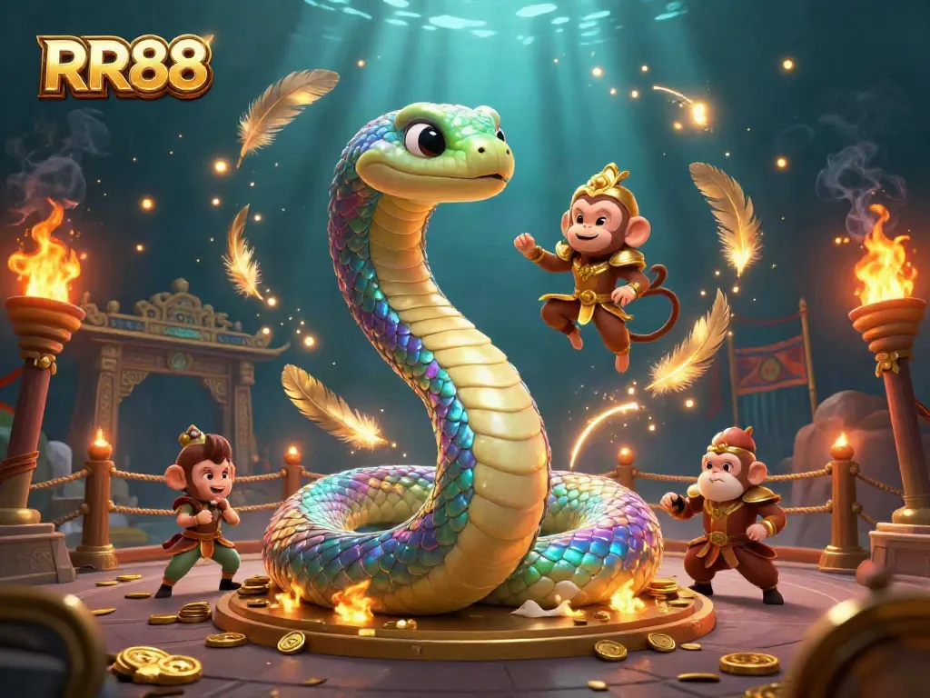 Experience exciting gaming with RR88's vibrant casino scene featuring a rainbow serpent and playful monkey king.