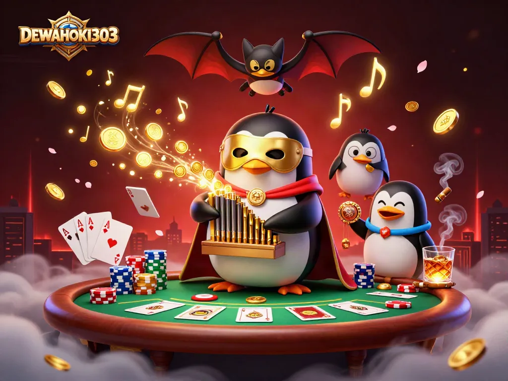 DEWAHOKI303 menghadirkan penguin opera yang beraksi di kasino dengan koin emas melawan latar mewah.