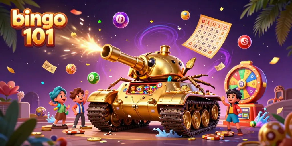 Bingo 101 showcase featuring a golden beetle tank with a mini casino, surrounded by colorful lottery elements.