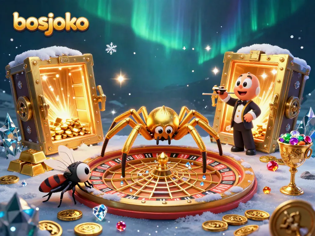 Experience the thrilling world of bosjoko slots with a cartoon golden spider and dynamic casino elements.