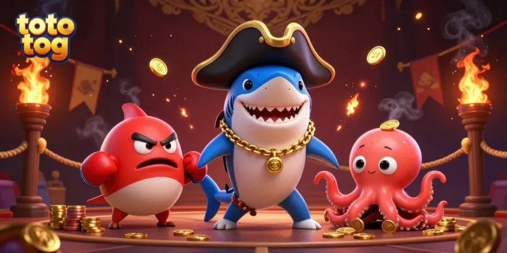 Engage in thrilling games with toto tog as a cool pirate shark, pufferfish, and octopus create a dynamic casino scene.